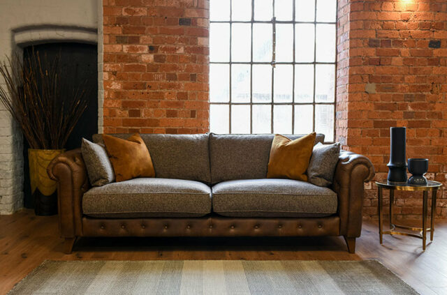 Ellie brown leather and fabric 3 seater sofa