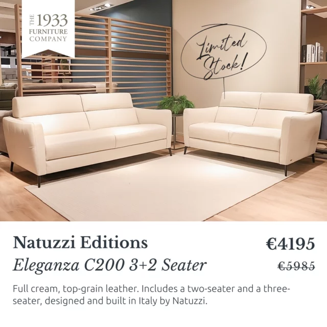 'An evergreen for your home' is how Natuzzi describes its C200 Greg sofa. What does it mean? It means it's a timeless yet modern sofa, with its sleek, minimalist off-the-floor design. ⁠
⁠
We have limited stock available in cream genuine leather. Pictured above in a three-seater and a two-seater, you can purchase both these for €4195, or speak to us about ordering the Greg in a range of other configurations and colours.